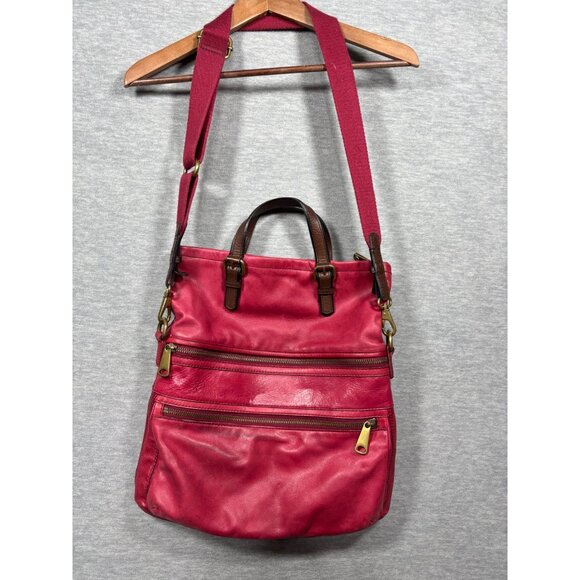 Fossil Explorer Tote Dark Pink Leather Foldover Crossbody Purse - Picture 3 of 12